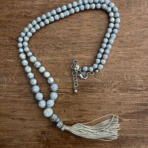 Chico's White and Silver Beaded Necklace with Tassel